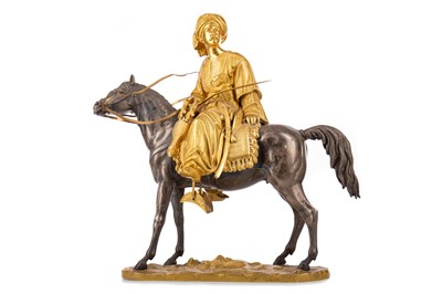 Lot 763 - A FRENCH ORIENTALIST EQUESTRIAN DOUBLE-PATINATED BRONZE FIGURE GROUP