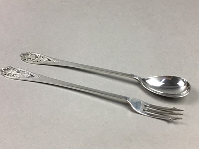 Lot 551 - A SILVER THISTLE DECORATED PICKLE FORK AND SPOON AND OTHER CUTLERY