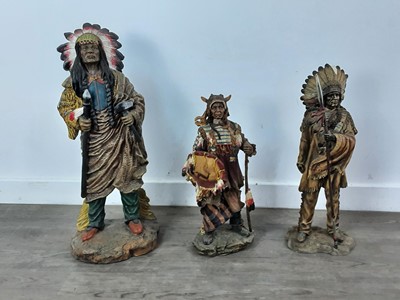 Lot 615 - A GROUP OF THREE LARGE RESIN FIGURES OF NATIVE AMERICAN CHIEFS