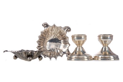 Lot 229 - A PAIR OF VICTORIAN SILVER SCALLOP MOULDED BONBON DISHES AND SQUAT CANDLESTICKS