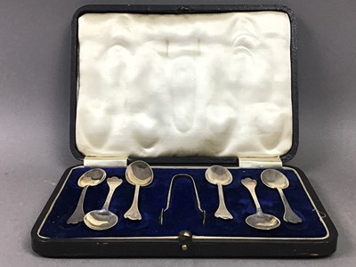 Lot 641 - A SET OF SIX SILVER TEASPOONS WITH TONGS, SILVER PEPPER POT, MUSTARD AND NAPKIN RING