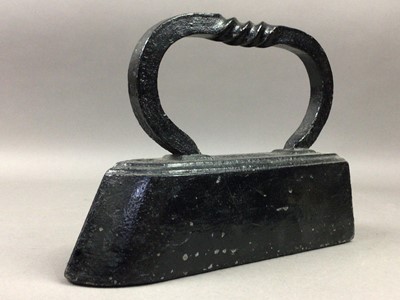 Lot 643 - A VICTORIAN CAST IRON WEIGHT, FLAT IRON AND DOORSTOP