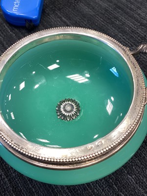Lot 242 - AN ITALIAN SILVER AND OPAQUE GLASS PEDESTAL BOWL WITH COVER