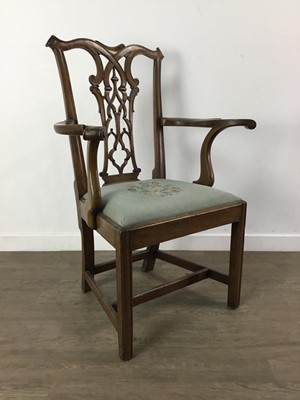 Lot 83 - A MAHOGANY OPEN ELBOW CHAIR OF CHIPPENDALE DESIGN