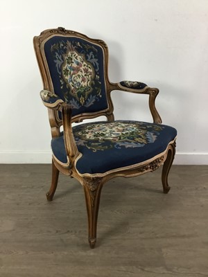 Lot 84 - A FRENCH STYLE FAUTEUIL WITH NEEDLEWORK BACK AND SEAT