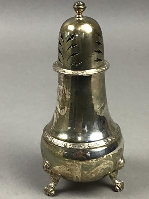 Lot 73 - A SILVER SUGAR CASTER AND A SILVER CRUET SET, ALSO JUG, CANDLESTICK AND NAPKIN RINGS