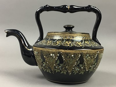 Lot 106 - A VICTORIAN BLACK PAINTED TEA POT, ALONG WITH OTHER TEA POTS AND JUGS