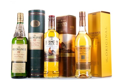 Lot 44 - GLENMORANGIE 10 YEAR OLD, GLENLIVET 12 YEAR OLD AND FAMOUS GROUSE BOURBON CASK