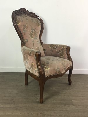 Lot 121 - A PAIR OF REPRODUCTION VICTORIAN STYLE ARMCHAIRS AND A PAIR OF FOOTSTOOLS