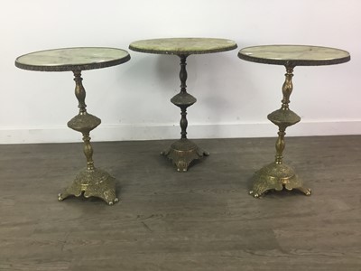 Lot 122 - AN ONYX EFFECT TEA TABLE AND A SMALLER PAIR OF MATCHING TABLES