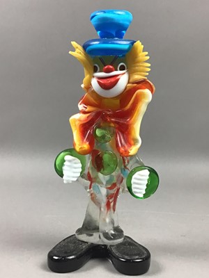 Lot 211 - A LOT OF TWO MURANO GLASS CLOWNS, MANTEL CLOCK AND IRON