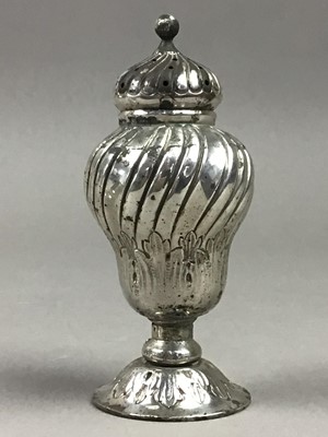 Lot 154 - A VICTORIAN SILVER SUGAR CASTER, A PLATED SHOT CUP AND MUG