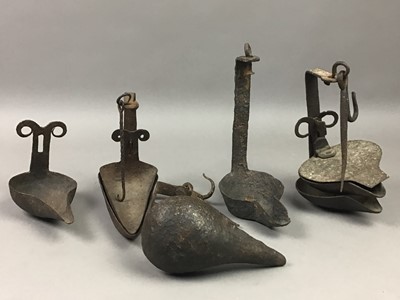 Lot 162 - AN ANTIQUE BETTY LAMP AND OTHERS