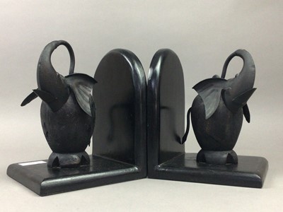 Lot 163 - A PAIR OF CARVED WOOD AND METAL 'ELEPHANT' BOOKENDS AND OTHERS