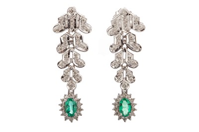 Lot 482 - A PAIR OF EMERALD AND DIAMOND EARRINGS