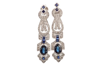Lot 483 - A PAIR OF ART DECO STYLE SAPPHIRE AND DIAMOND EARRINGS