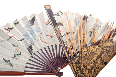 Lot 371 - A NINETEENTH CENTURY CHINESE LACQUERED AND GILT FAN, AND A FURTHER FAN