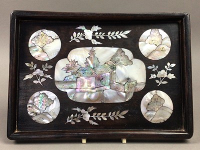 Lot 184 - A CHINESE HARDWOOD AND MOTHER OF PEARL TRAY, BOX AND FIGURE