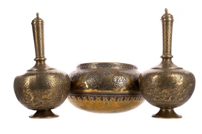 Lot 1369 - A CAIRO WARE PLANTER AND PAIR OF INDO-PERSIAN BOTTLE VASES/FLASKS