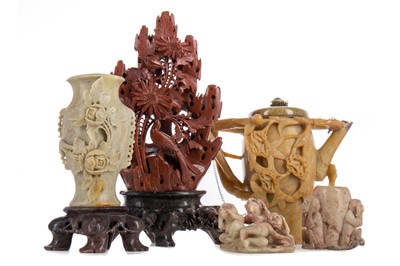 Lot 1373 - A GROUP OF FIVE CHINESE SOAPSTONE CARVINGS