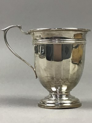 Lot 5 - A SILVER CHRISTENING MUG, SILVER BACKED MIRROR AND BRUSH, AND SILVER VASE