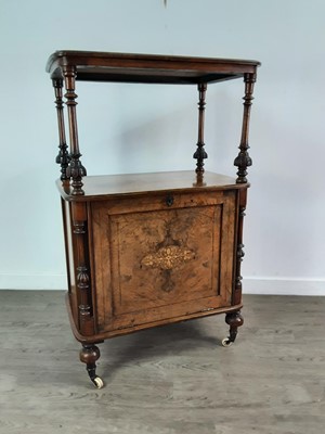 Lot 770 - A MID-VICTORIAN BURR WALNUT MUSIC CABINET/WHATNOT