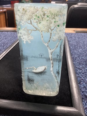 Lot 547 - DAUM FRÈRES NANCY, A RARE CAMEO AND ENAMELLED GLASS SWAN VASE