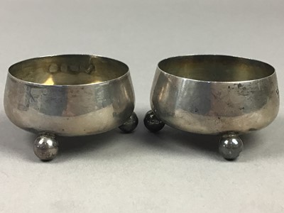 Lot 237 - A PAIR OF SILVER SALTS, NAPKIN RINGS AND PIN DISH