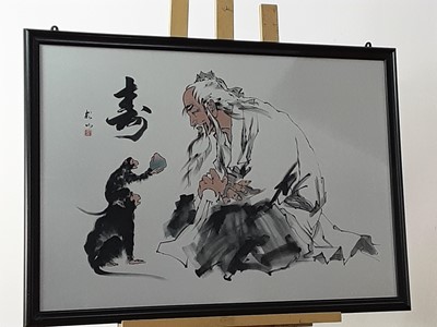 Lot 140 - A LARGE CHINESE PRINT OF A MAN WITH MONKEYS