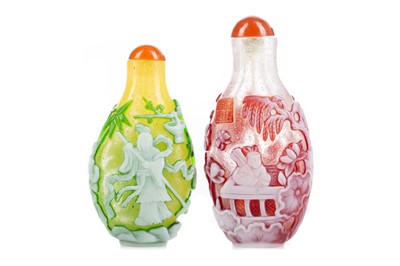 Lot 1381 - TWO CHINESE PEKING-TYPE CAMEO GLASS SNUFF BOTTLES