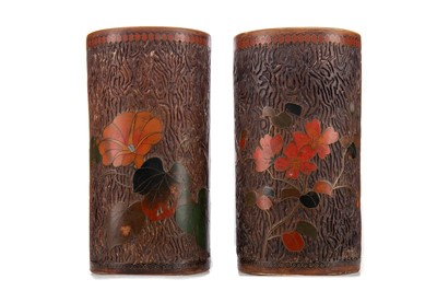 Lot 1390 - A PAIR OF JAPANESE EARTHENWARE AND CLOISONNE ENAMELLED SLEEVE VASES/BRUSH POTS
