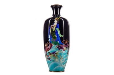 Lot 1398 - A JAPANESE GINBARI AND CLOISONNE ENAMEL GUANYIN VASE