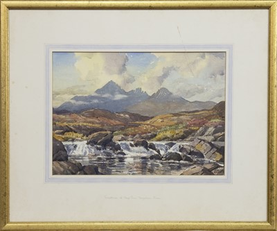 Lot 94 - CUILLINS OF SKYE FROM SLIGACHAN BURN, A WATERCOLOUR BY STIRLING GILLESPIE