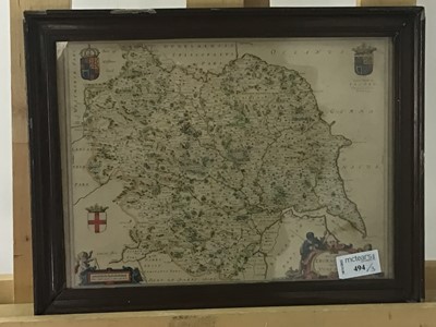 Lot 494 - A WALL MOUNTING DISPLAY RACK AND TWO FRAMED MAPS