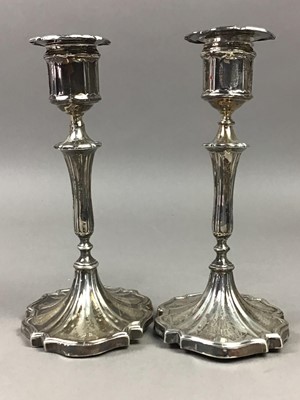 Lot 491 - A PAIR OF SILVER CANDLESTICKS AND AN EGG EPERGNE