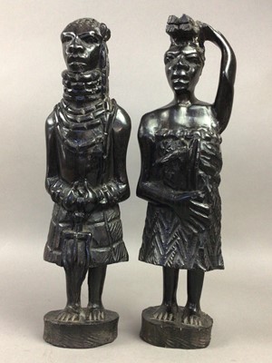 Lot 450 - TWO CARVED WOOD FIGURES AND A CARVED WOOD BOX