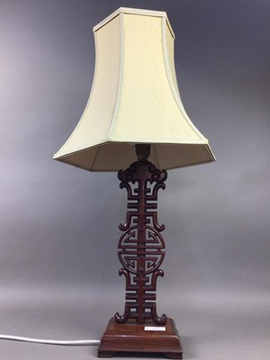 Lot 447 - A CHINESE HARDWOOD TABLE LAMP AND TWO OTHERS