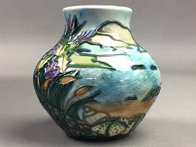 Lot 504 - A MODERN MOORCROFT OVOID 'COASTAL' VASE, ANOTHER VASE AND A ROYAL DOULTON FIGURE