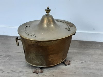 Lot 259 - A BRASS LIDDED COAL BUCKET, COAL BUCKET AND CANDLE STAND