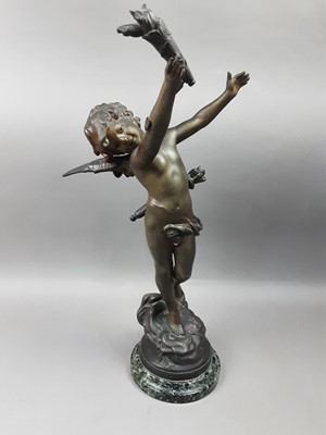 Lot 524 - A LATE 19TH CENTURY SPELTER OF A WINGED CHERUB