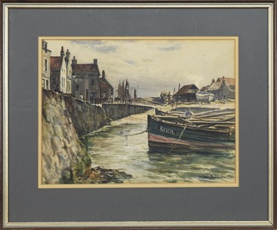 Lot 358 - FISHING HARBOUR, A WATERCOLOUR BY JAMES MACMASTER