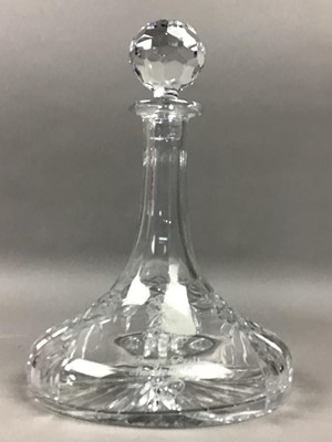 Lot 554 - A CRYSTAL SHIP'S DECANTER WITH STOPPER, ALSO CRYSTAL GLASSES, VASE AND JUG