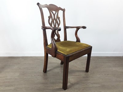 Lot 610 - A MAHOGANY OPEN ELBOW CHAIR OF CHIPPENDALE DESIGN