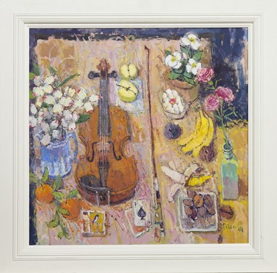 Lot 172 - STILL LIFE WITH VIOLIN, AN OIL BY DONALD MANSON