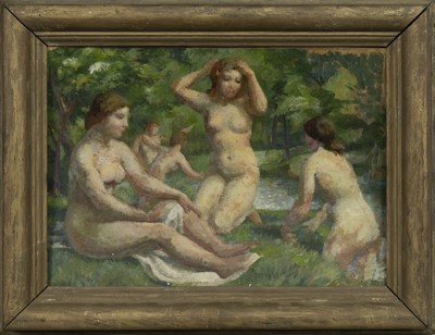 Lot 352 - BATHERS, AN OIL BY LIONEL ELLIS