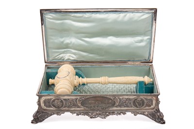 Lot 737 - HISTORICALLY IMPORTANT IVORY LAUNCHING MALLET AND SILVER CASKET FOR THE R.M.S. EMPRESS OF IRELAND