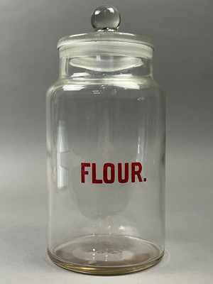 Lot 636 - A VINTAGE GLASS FLOUR JAR, ALONG WITH OTHER CRYSTAL AND GLASS