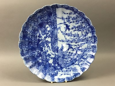 Lot 638 - A JAPANESE BLUE AND WHITE PLATE, BRASS FIGURE, OTHER BRASSWARE AND CERAMICS