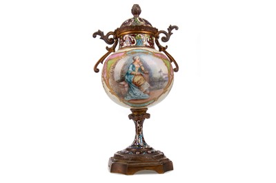 Lot 794 - A LATE 19TH CENTURY FRENCH PORCELAIN, GILT METAL AND CHAMPLEVE ENAMEL URN