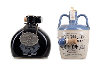 Lot 143 - OLD MULL JOHN HOPKINS CERAMIC DECANTER AND TAYSIDE 21 YEAR OLD CERAMIC DECANTER 75CL